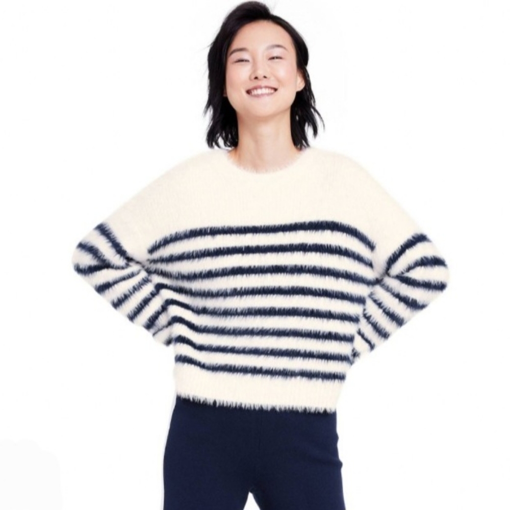 Target NEW La Ligne Blue Cream Striped Pullover Crewneck Fuzzy Sweater Size 1X